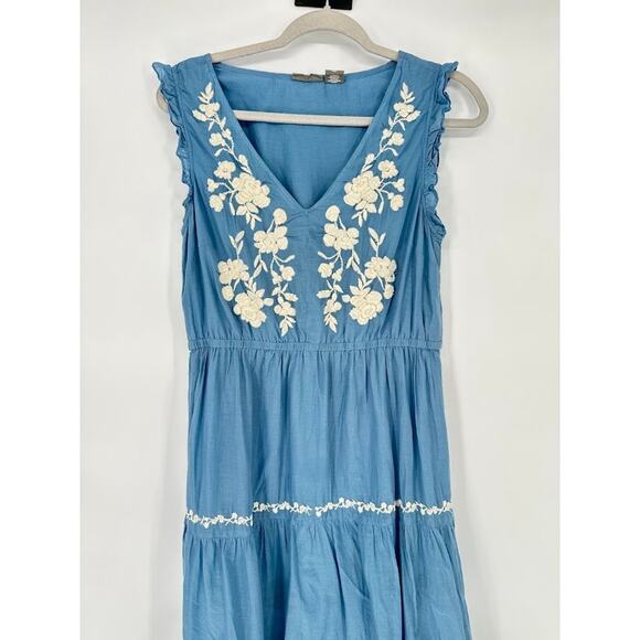 Lucky Brand Dress Sz M Blue Midi Floral Embroidered Tiered Ruffle Peasant Boho - Picture 2 of 8